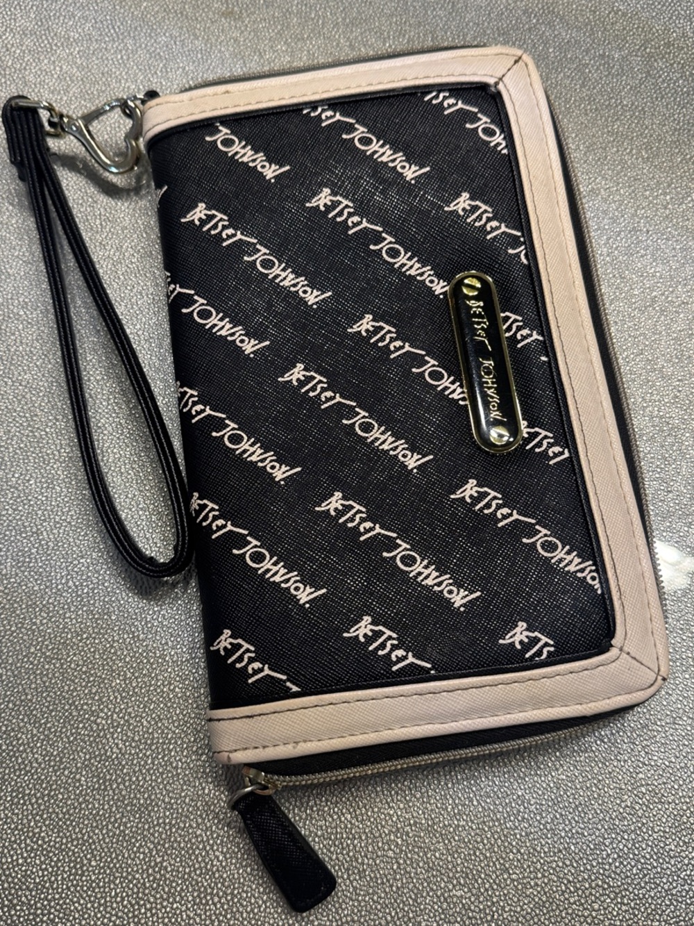 Betsey Johnson Black and Beige Logo Zip-Around Wristlet